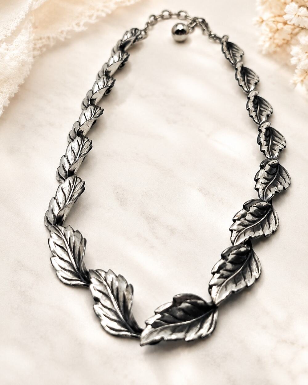 Vintage Beau Sterling Leaf Necklace 12" + 2" Extender Mid Century Botanical